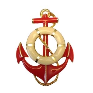 Vintage Anchor Brooch Red White Nautical Lifesaver Pin